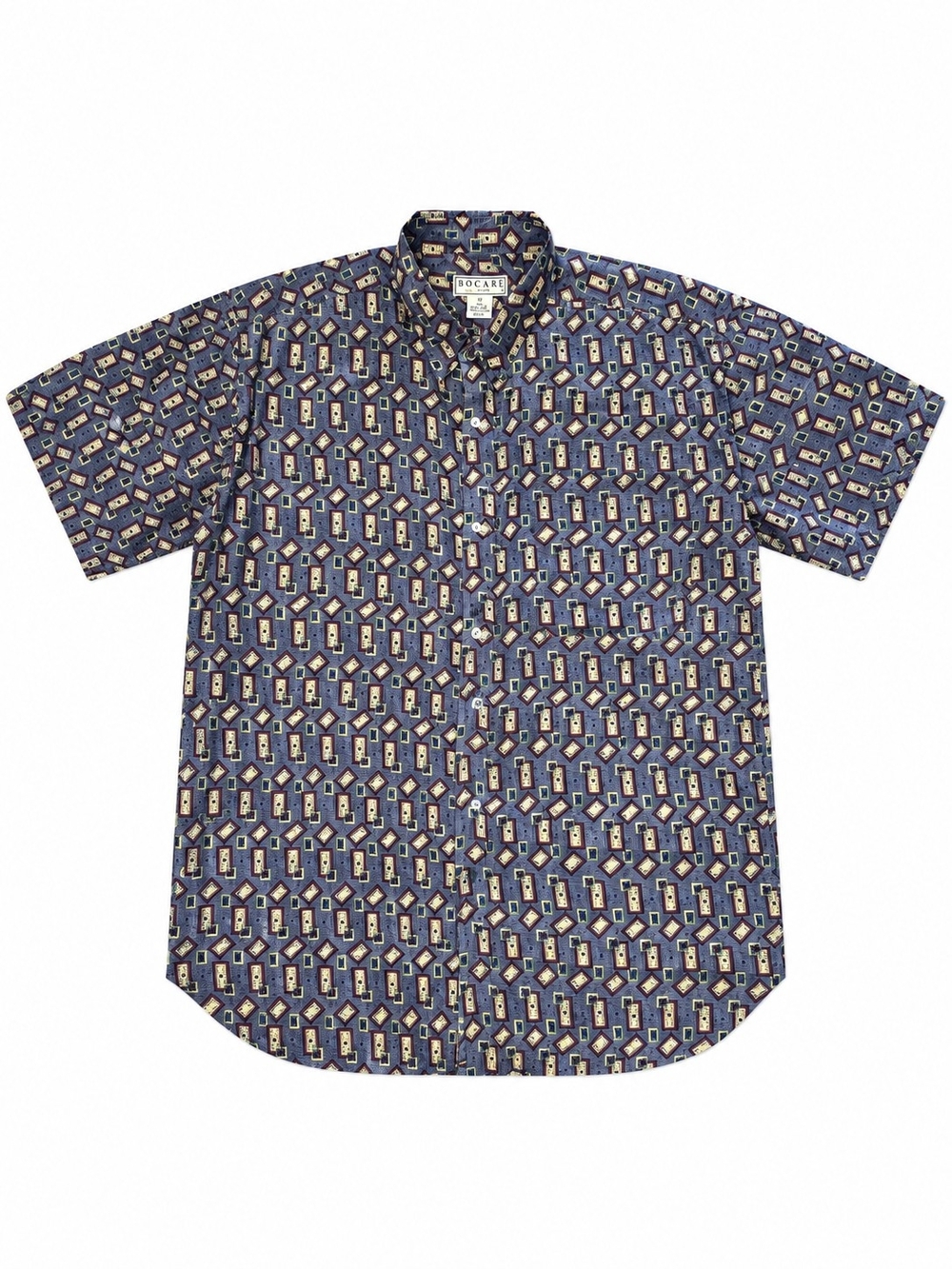 BOGARi Navy Short-Sleeve Printed 100% Silk Button-Up Shirt, Size Medium